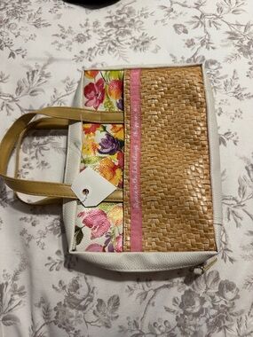 Woven Straw & Floral Accent Bible  Bag in Natural and Pink